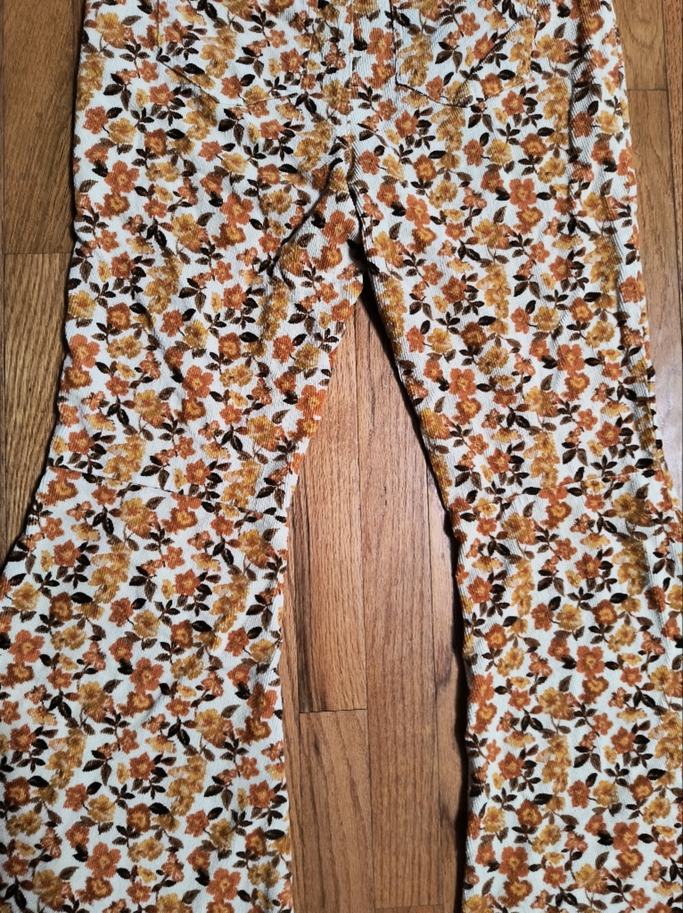 Versona Bell Bottoms, Corduroy Flare Leg Pants, Women's 8, Brown/Orange Floral - Picture 13 of 16